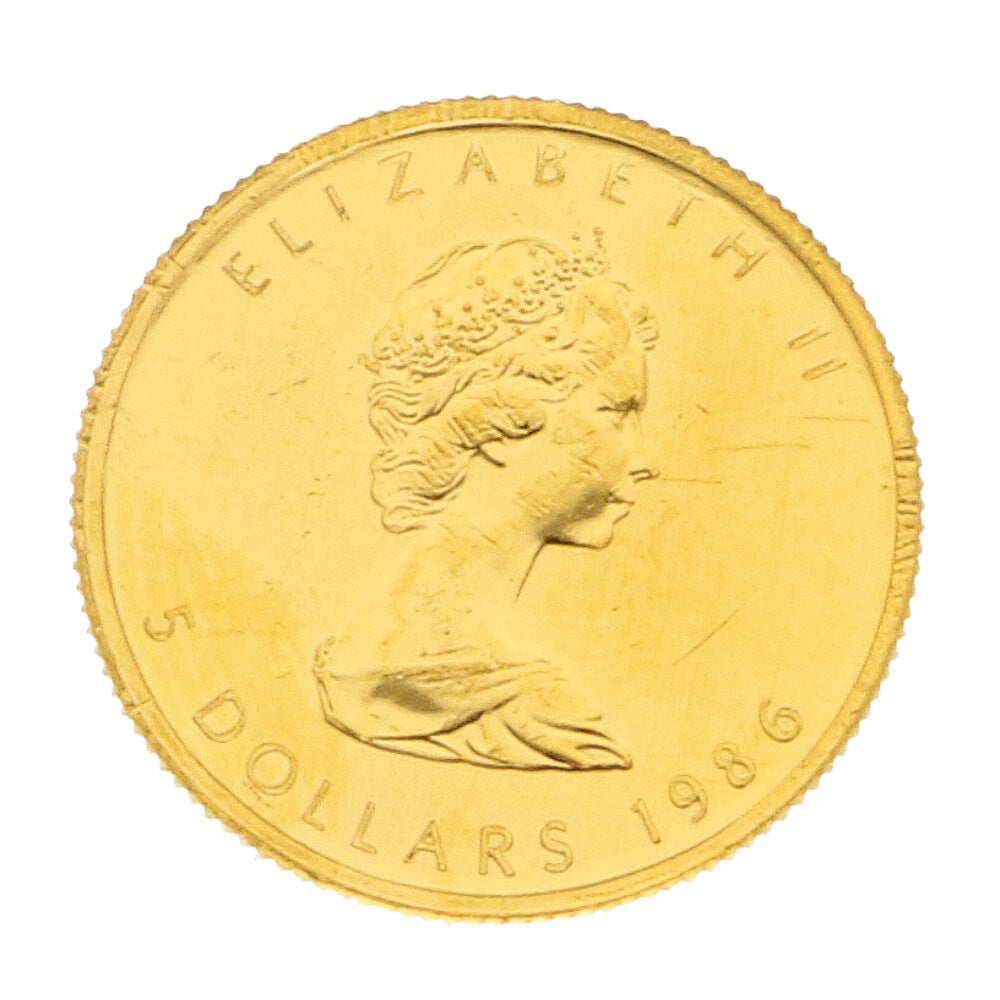 中古】 K24 外国コイン メイプルリーフ 1/10オンス 5ドル 1986 カナダ