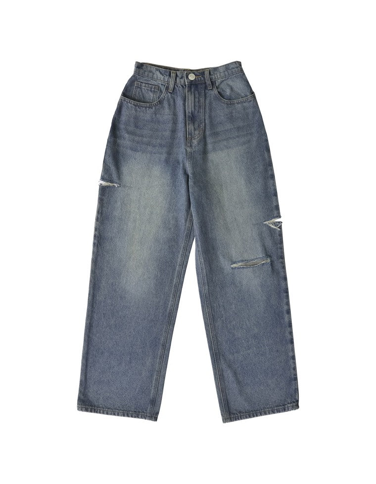 サイドスリットワイドストレートコットンデニムパンツ - パンツ通販
