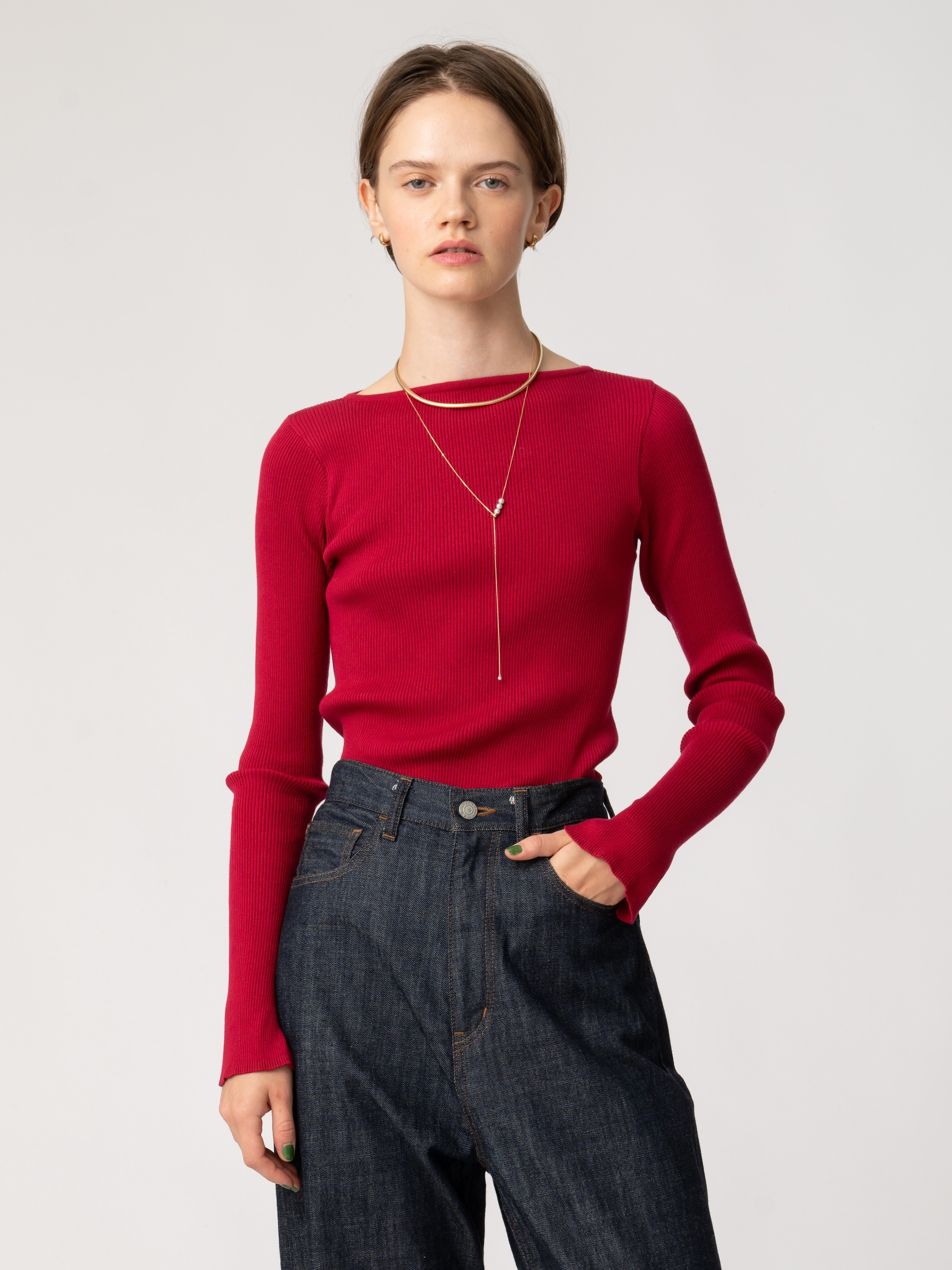 ギザボートネック プルオーバー（レッド/グリーン）｜AURALEE