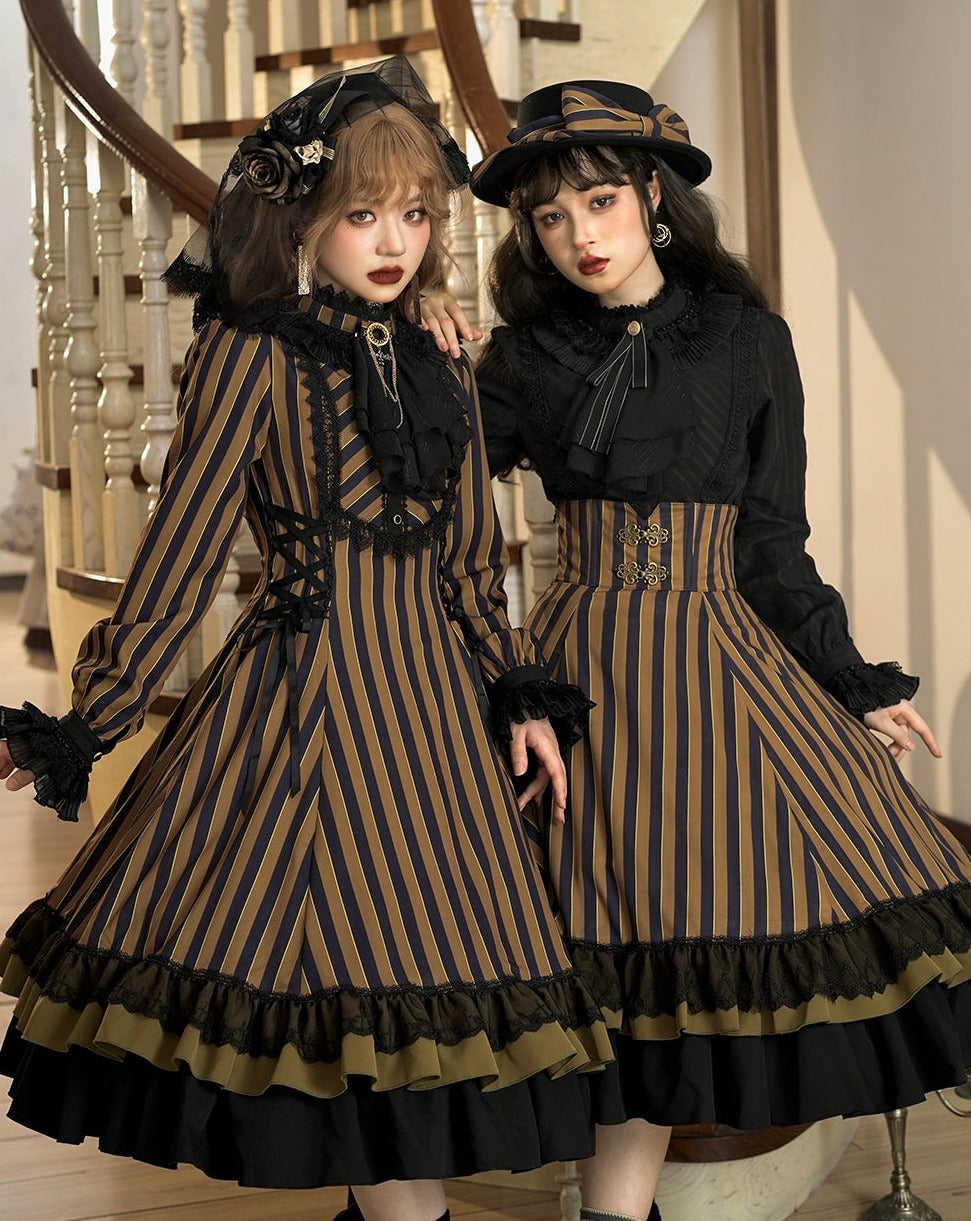 受注予約1/7まで】領主貴族のゴスロリ スタンドカラーワンピース 縦縞