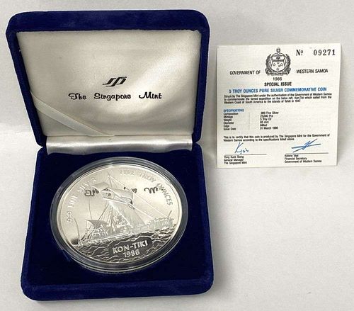 1986 Samoa $25 Kon-Tiki Proof 5 ozt .999 Silver sold at auction on