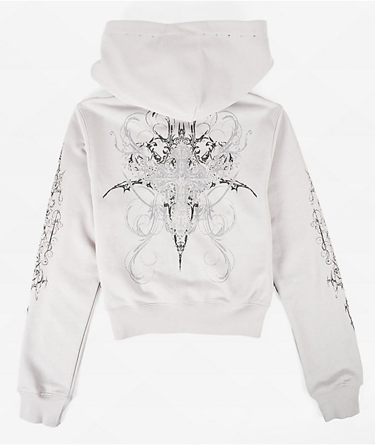Insomnia Visuals Double Cross Rhinestone Grey Crop Zip Hoodie | Zumiez