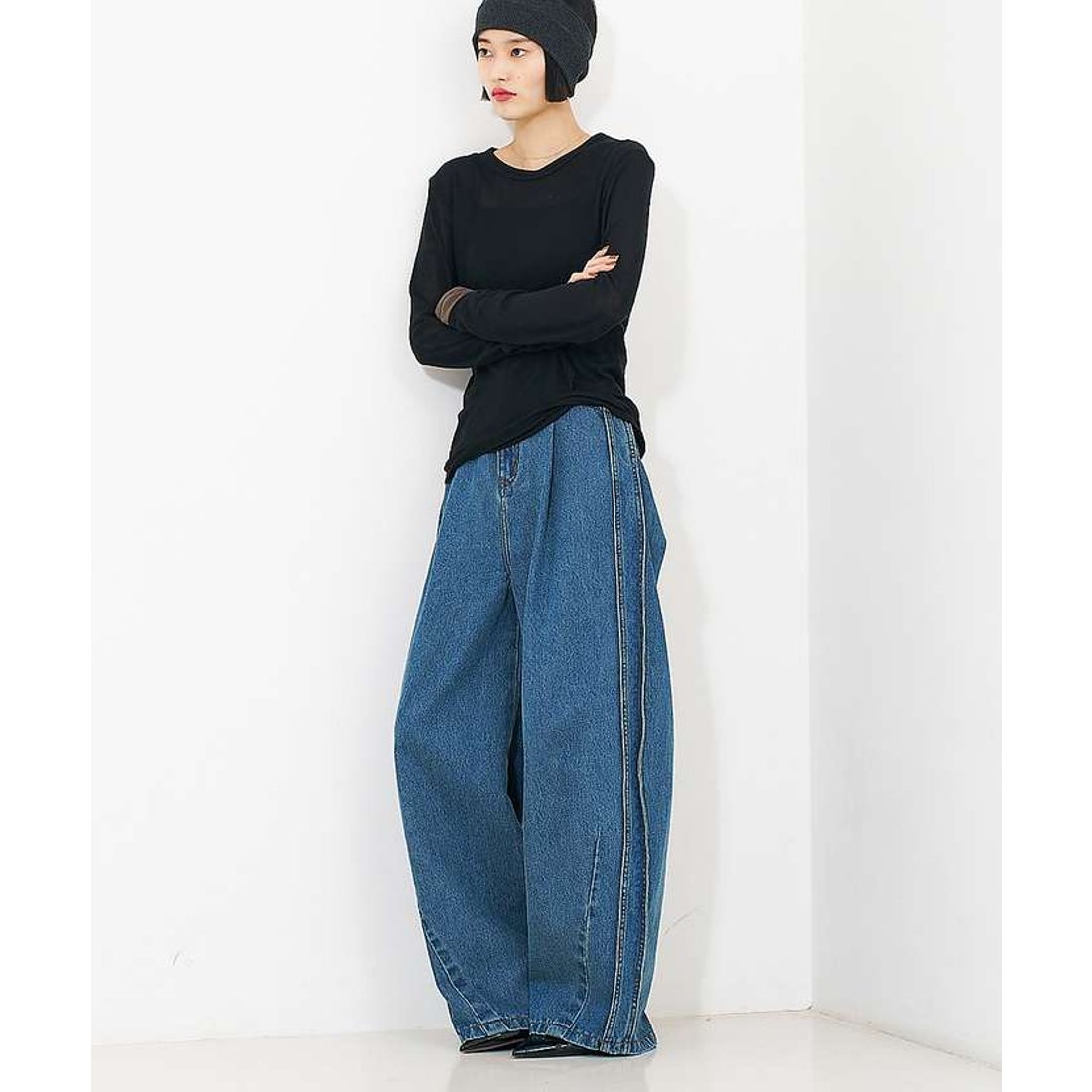 ノミネ NOMINE サイドライン タック ワイド ハイウエスト デニムパンツ