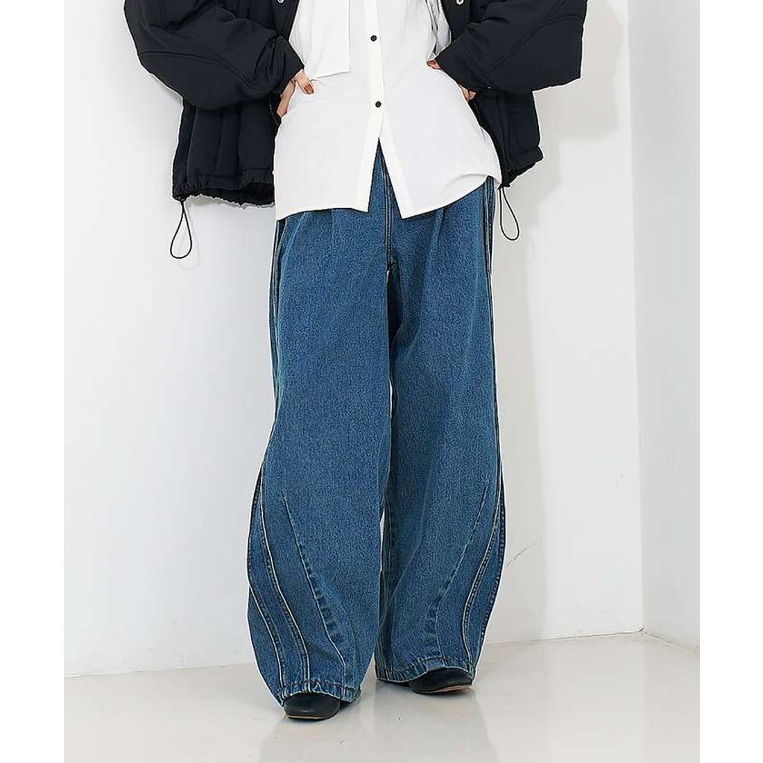 ノミネ NOMINE サイドライン タック ワイド ハイウエスト デニムパンツ
