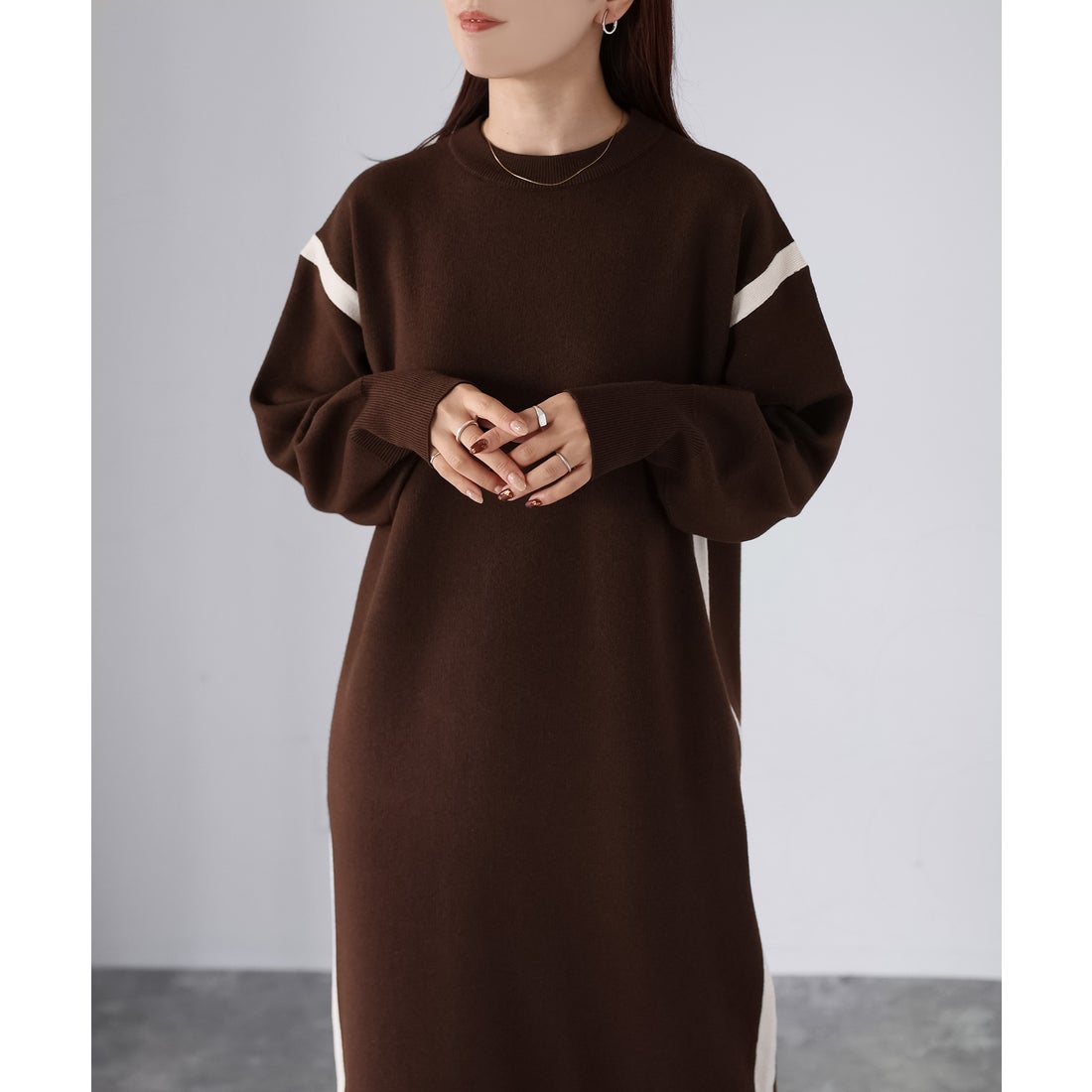 リベリー Riberry バイカラー配色ラインニットワンピース （ブラウン
