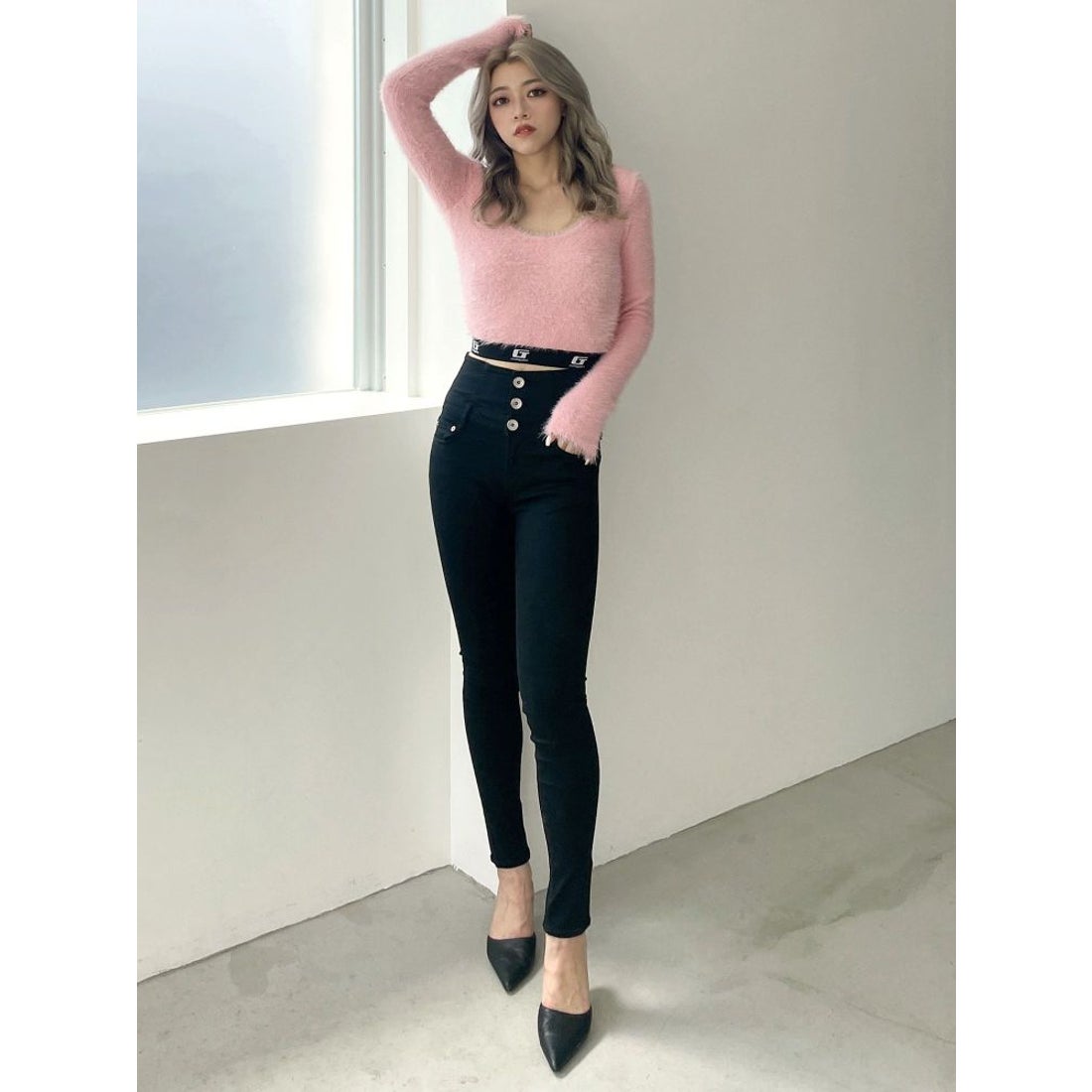 ジェイダ GYDA ハイウエストウエストクロススキニーデニムパンツ