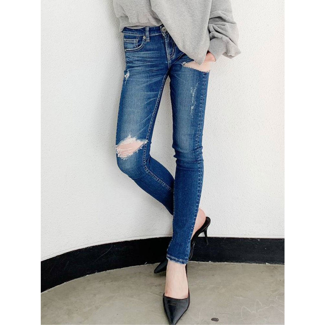 ジェイダ GYDA SIDE RIPPED スキニーデニムパンツ （ブルー） -靴