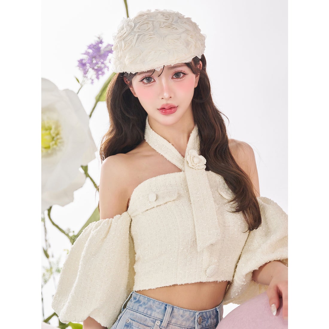 ダーリッチ Darich ホルターネックオフショルツイードトップス