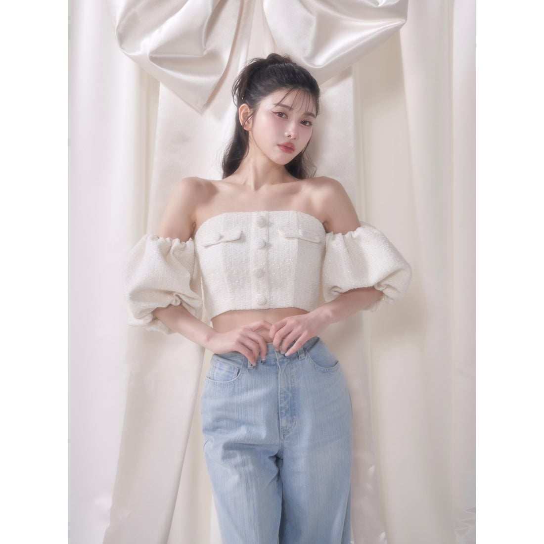 ダーリッチ Darich パフスリーブオフショルツイードトップス