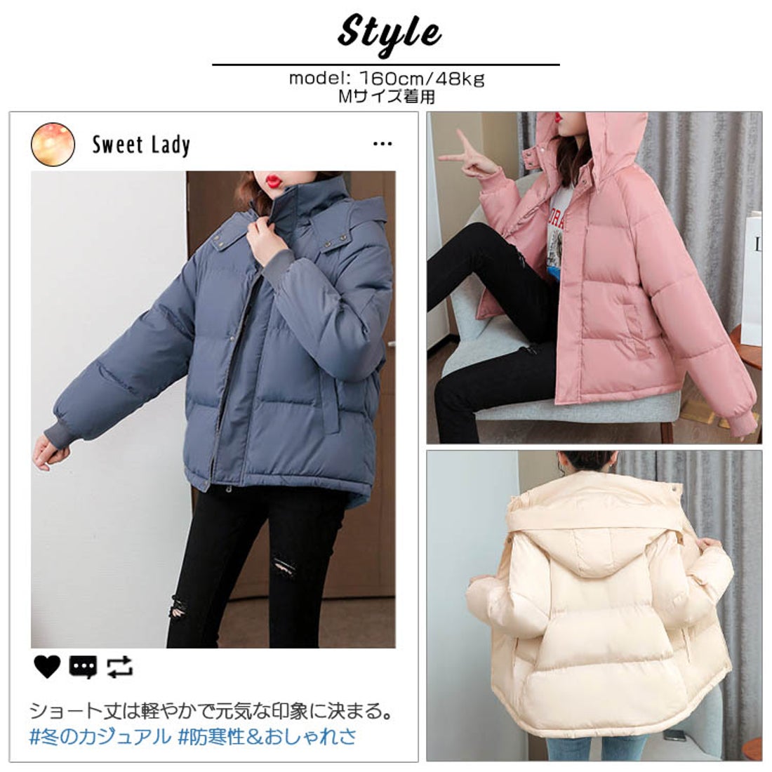 アイカ ica 軽量 暖かい ショート丈 フード付き フェイクダウン