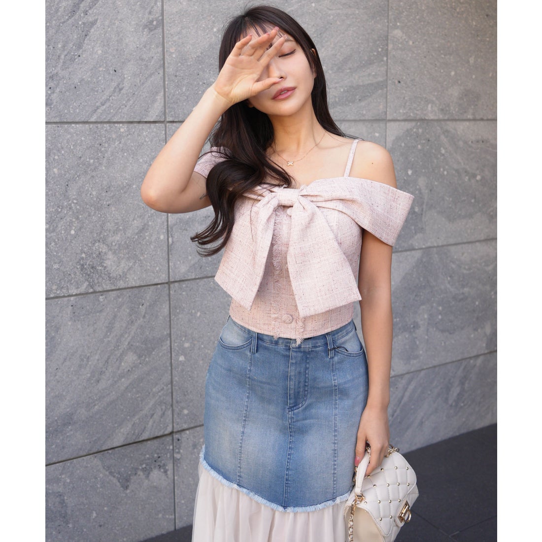 リップサービス LIP SERVICE ツイードリボンオフショルトップス