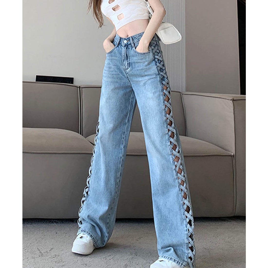 ミージェーン me Jane サイドレースアップデニムストレートパンツ