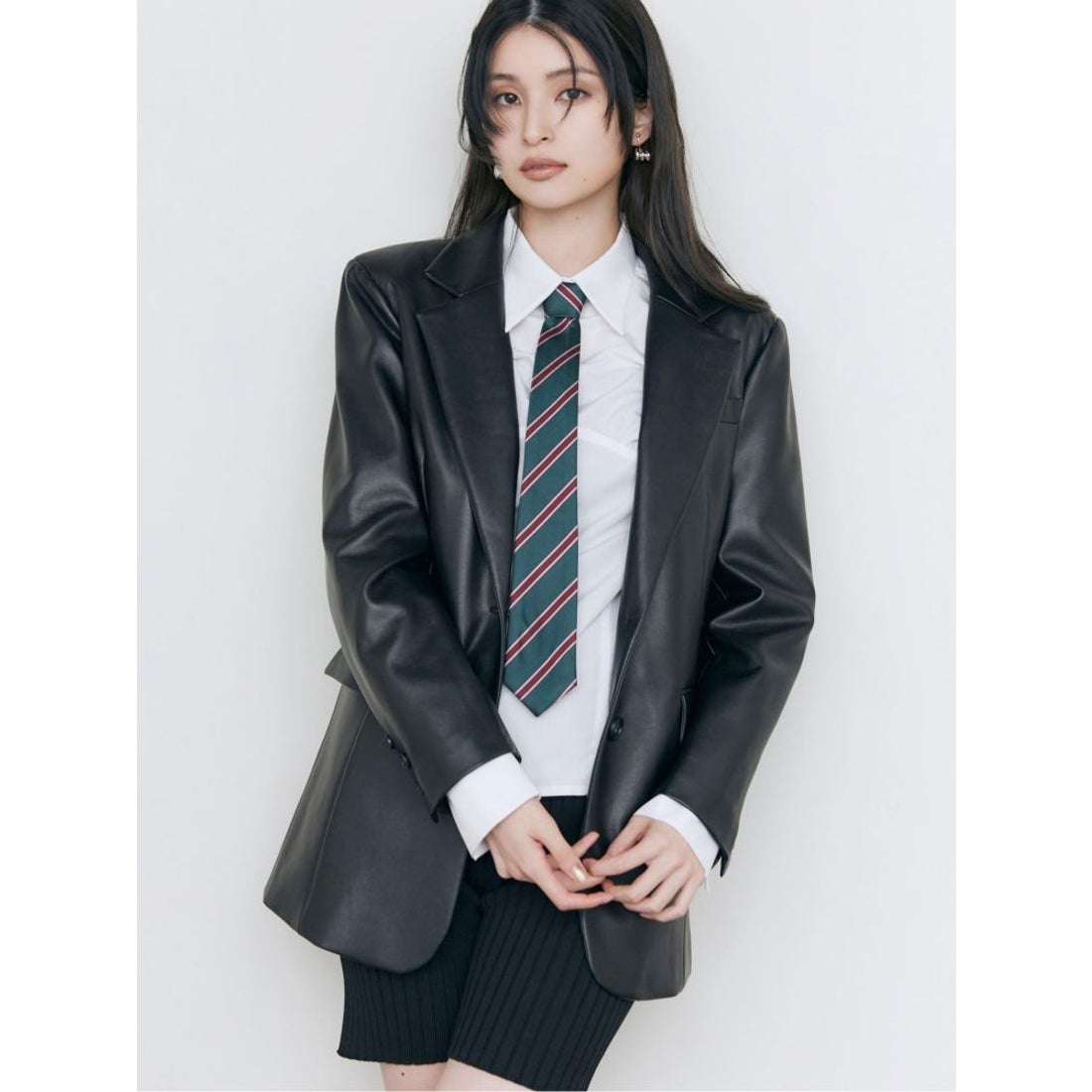 ムルーア MURUA フェイクレザーテーラードジャケット （ブラック） -靴