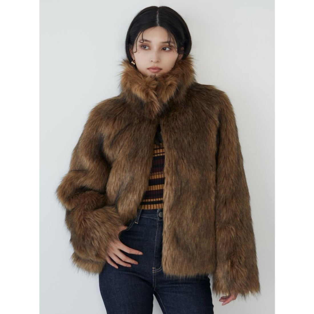 ムルーア MURUA フェイクファーラインジャガードコート （ブラウン