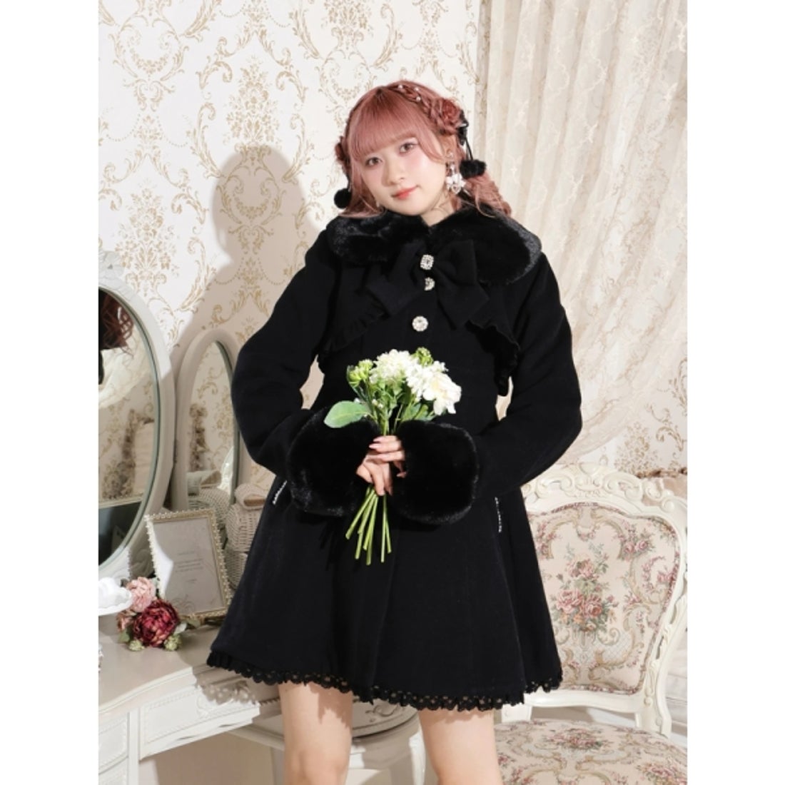 ノエミー NOEMIE お嬢さんワッフルフレアコート （黒） -靴