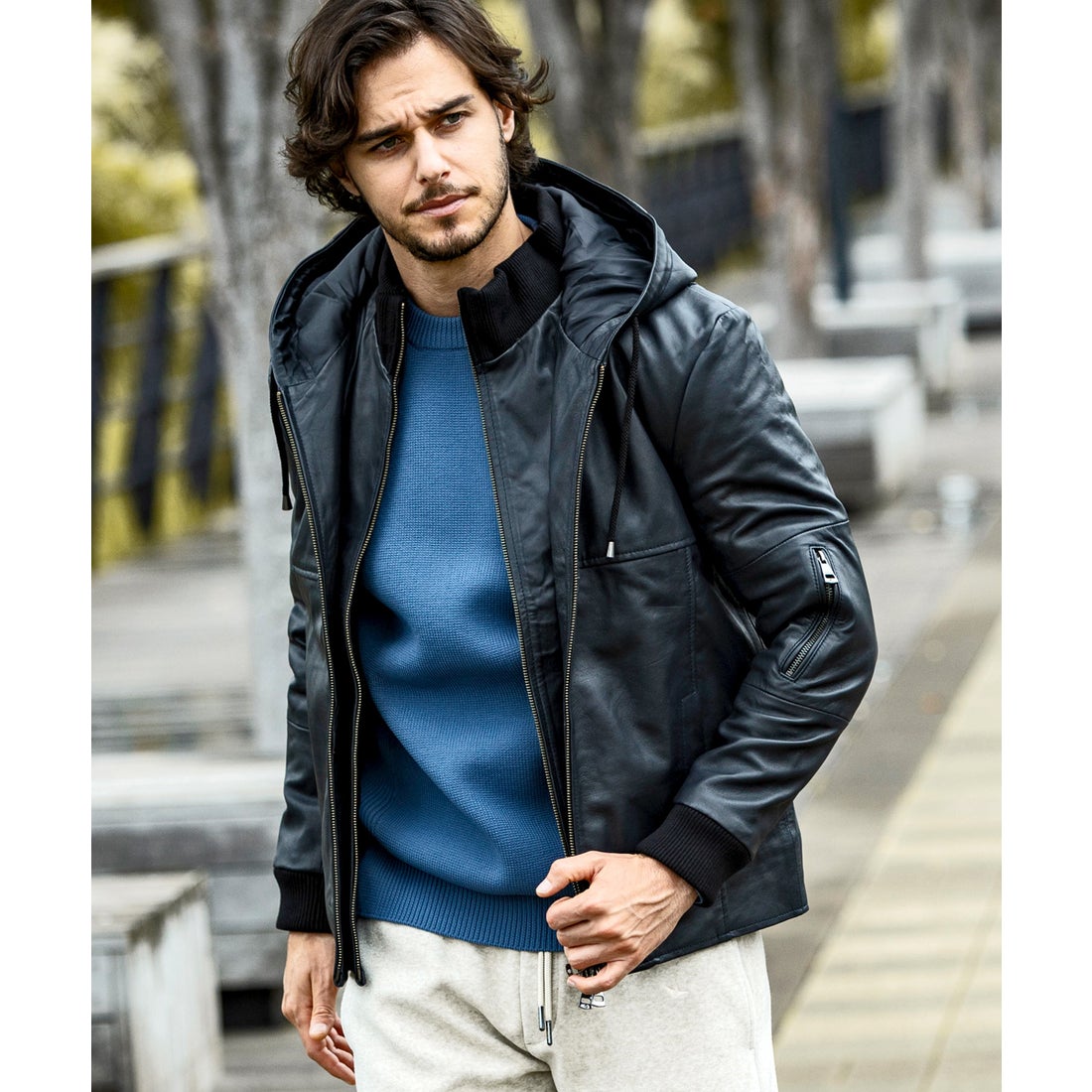 AKM Contemporary レイヤードシープレザー中綿フードジャケット