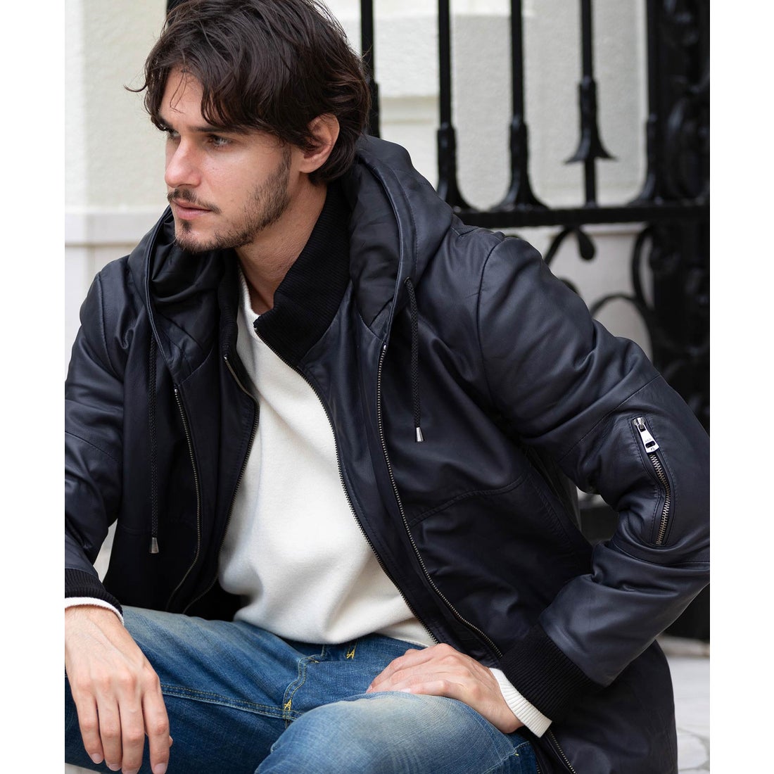 AKM Contemporary レイヤードシープレザー中綿フードジャケット