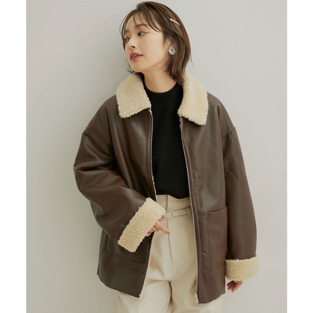 ビス VIS リバーシブルフェイクレザーボアブルゾン （ダークブラウン
