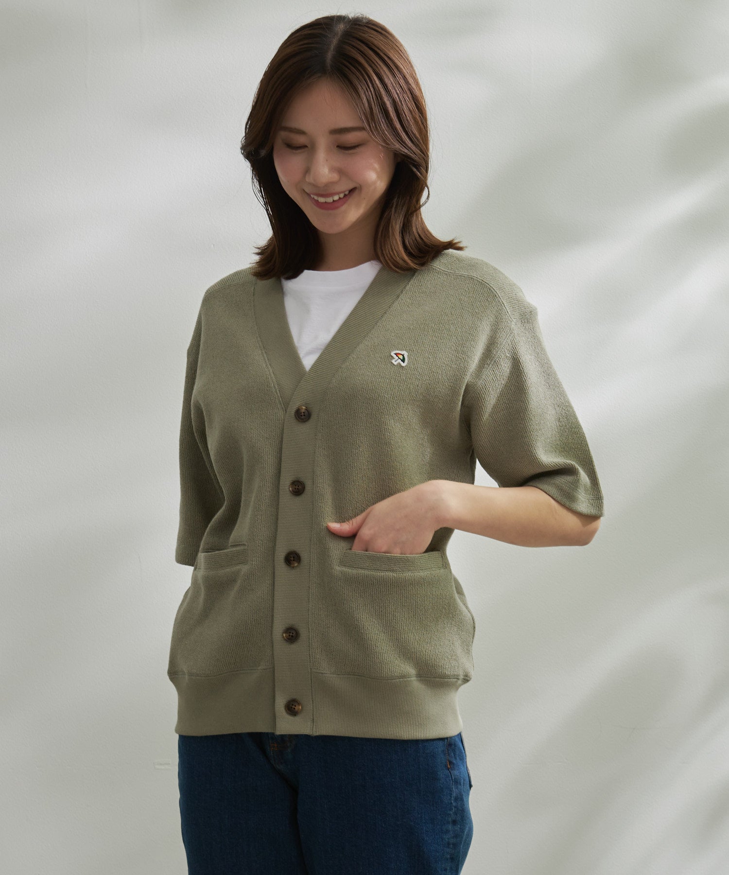 ダブルフェイスニットソーシェア5分袖カーディガン（カーディガン/ユニ