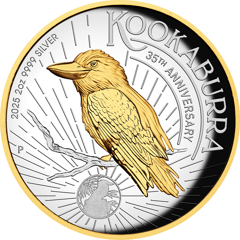 オーストラリア 2025年 ワライカワセミ発行35周年 2ドル銀貨金メッキ付