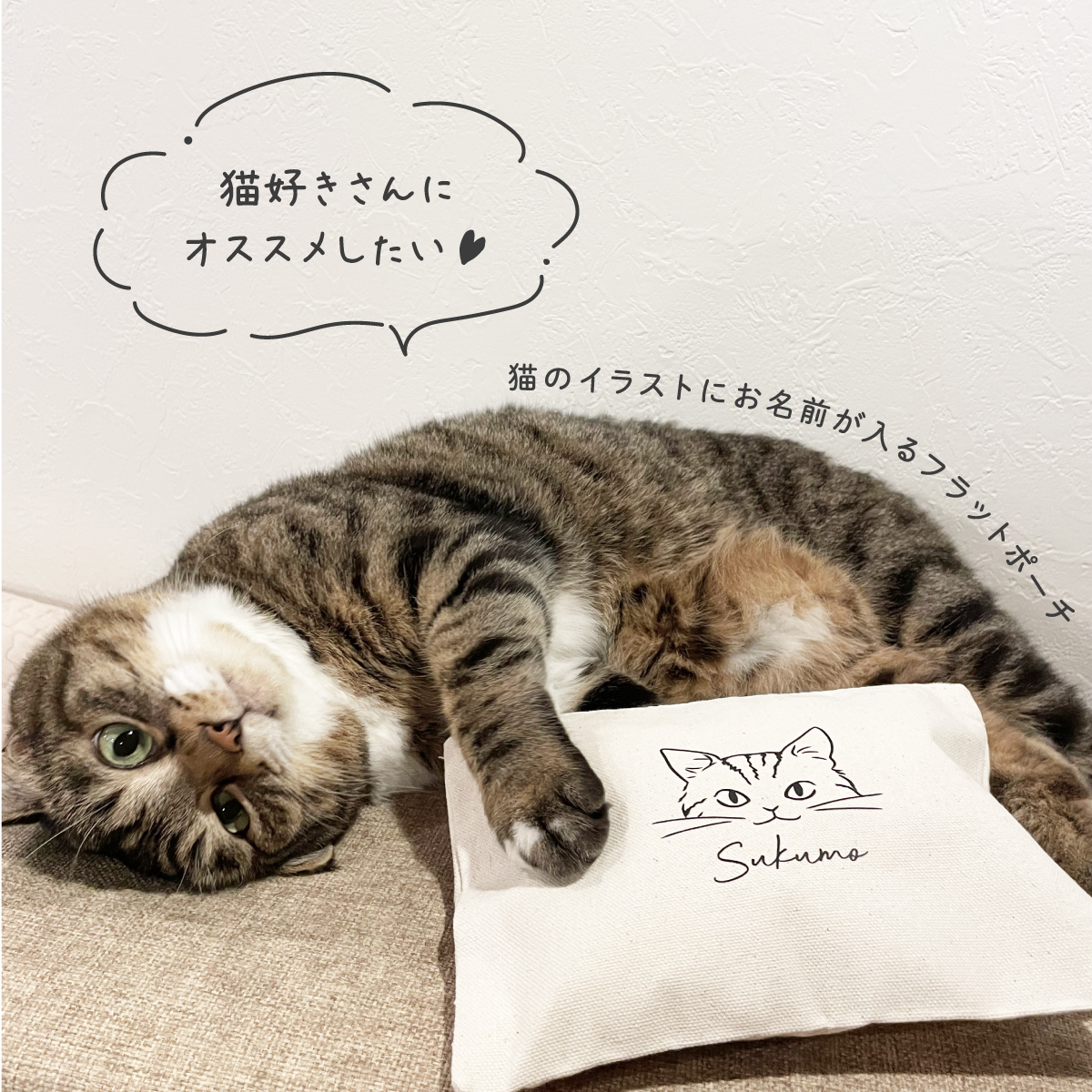 猫 ねこちゃん 名入れ ポーチ フラットポーチ イラスト チャック付き