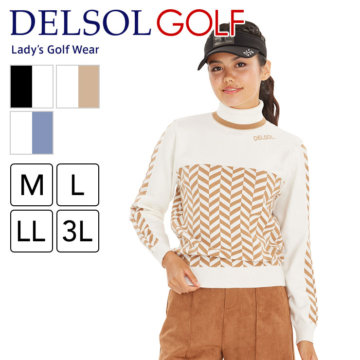 7790 ヘリンボーン柄タートルネックニット M/L/LL/3L レディースゴルフ