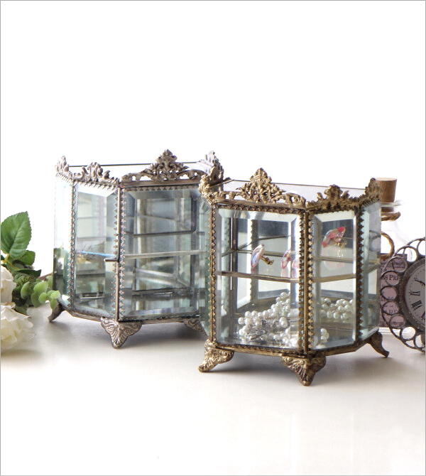 ガラスケース 真鍮 アンティーク 扉付き 小物収納ケース ミラー 透明