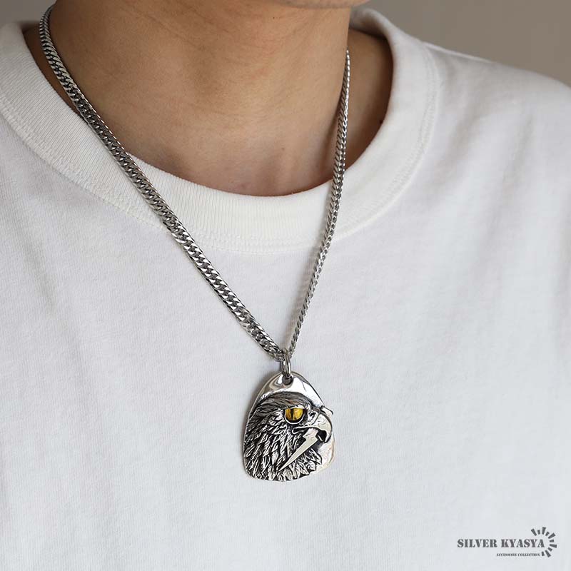 ステンレス タタキネックレス イーグル 雷 シルバー イエロー ダブル