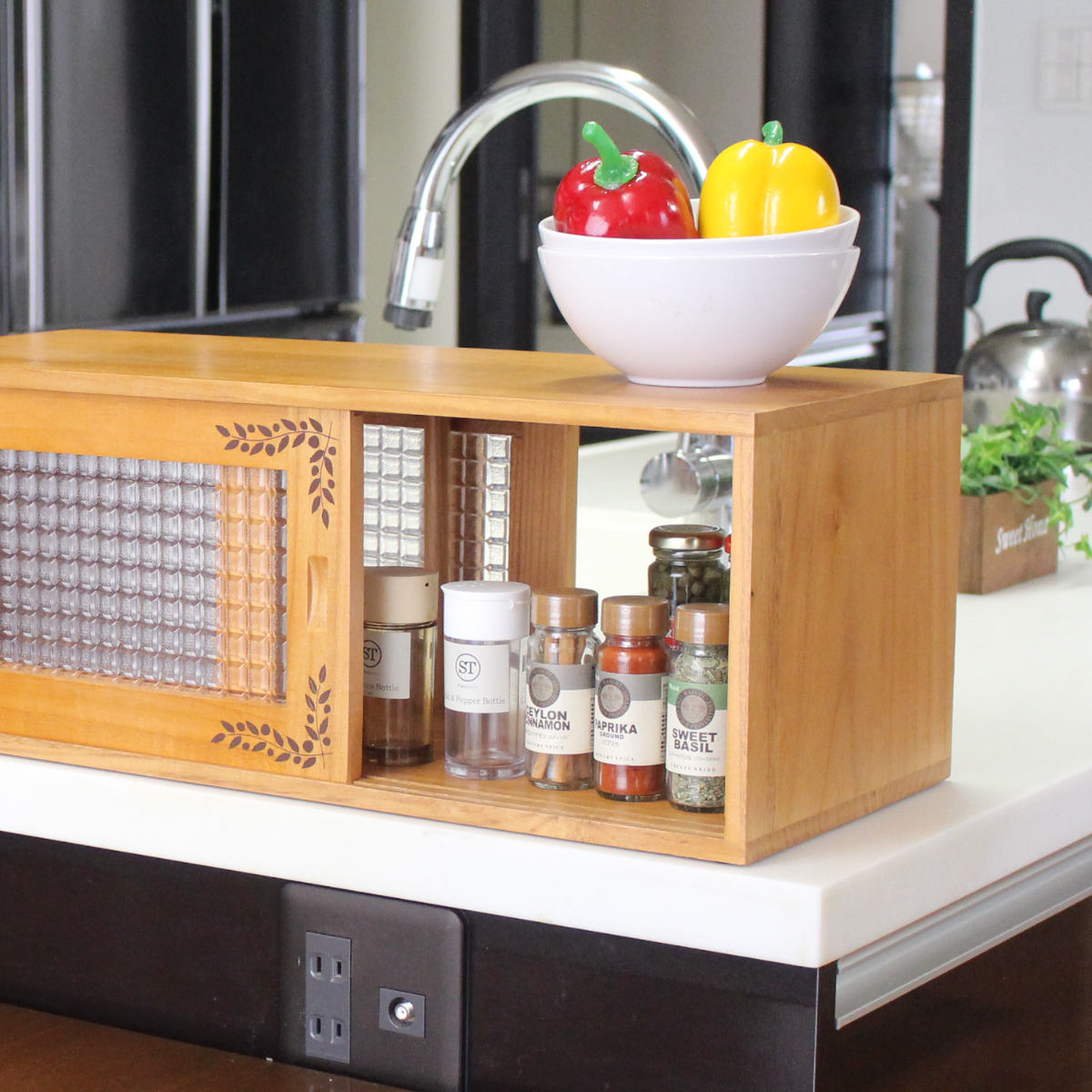 OSMAC カウンター上収納 カウンター上収納庫 幅60cm リーフ柄 木製