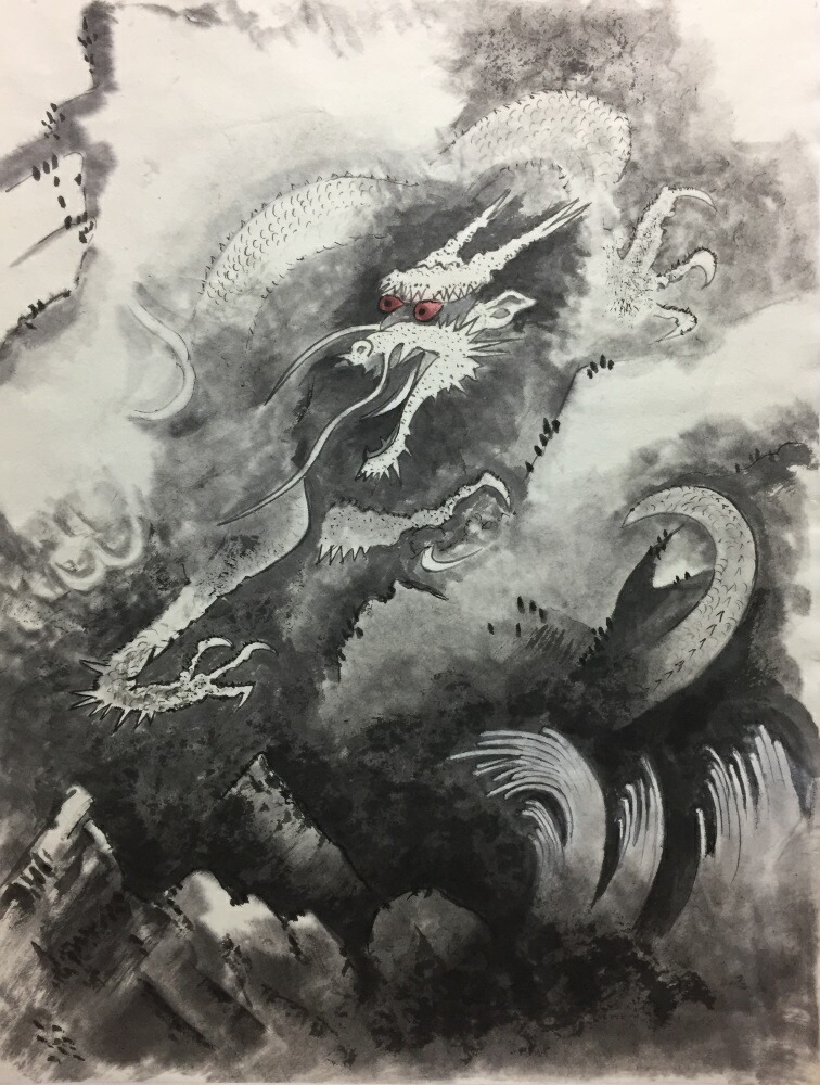 絵画風 壁紙ポスター (はがせるシール式) 龍 飛竜 りゅう 水墨画・墨彩