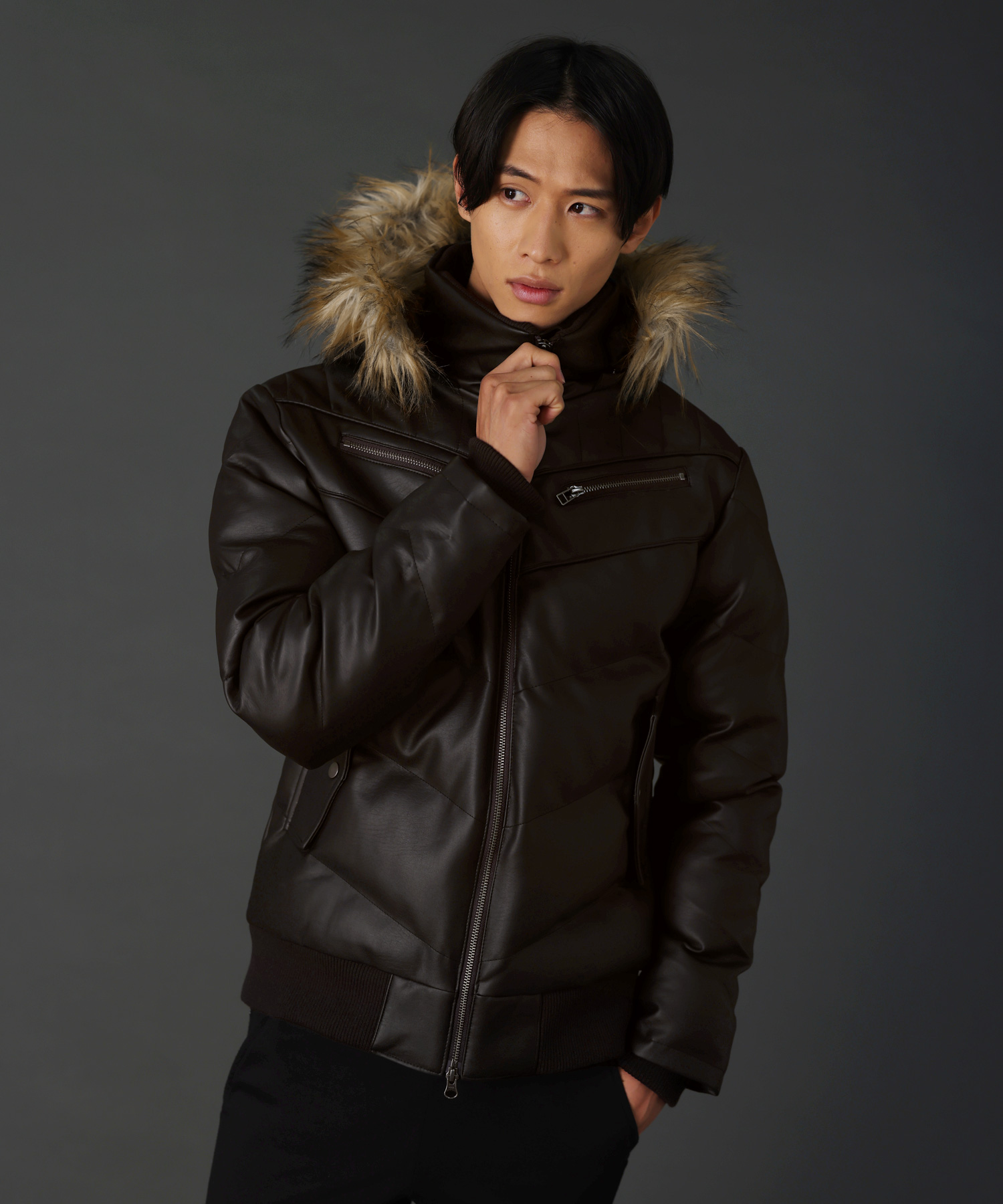 SPU（スプ） ダウンジャケット メンズ 合皮フェイクファー バイカー