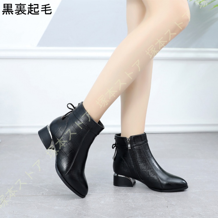 本革 羊革 レザー チャンキーヒール ショートブーツ ポインテッドトゥ