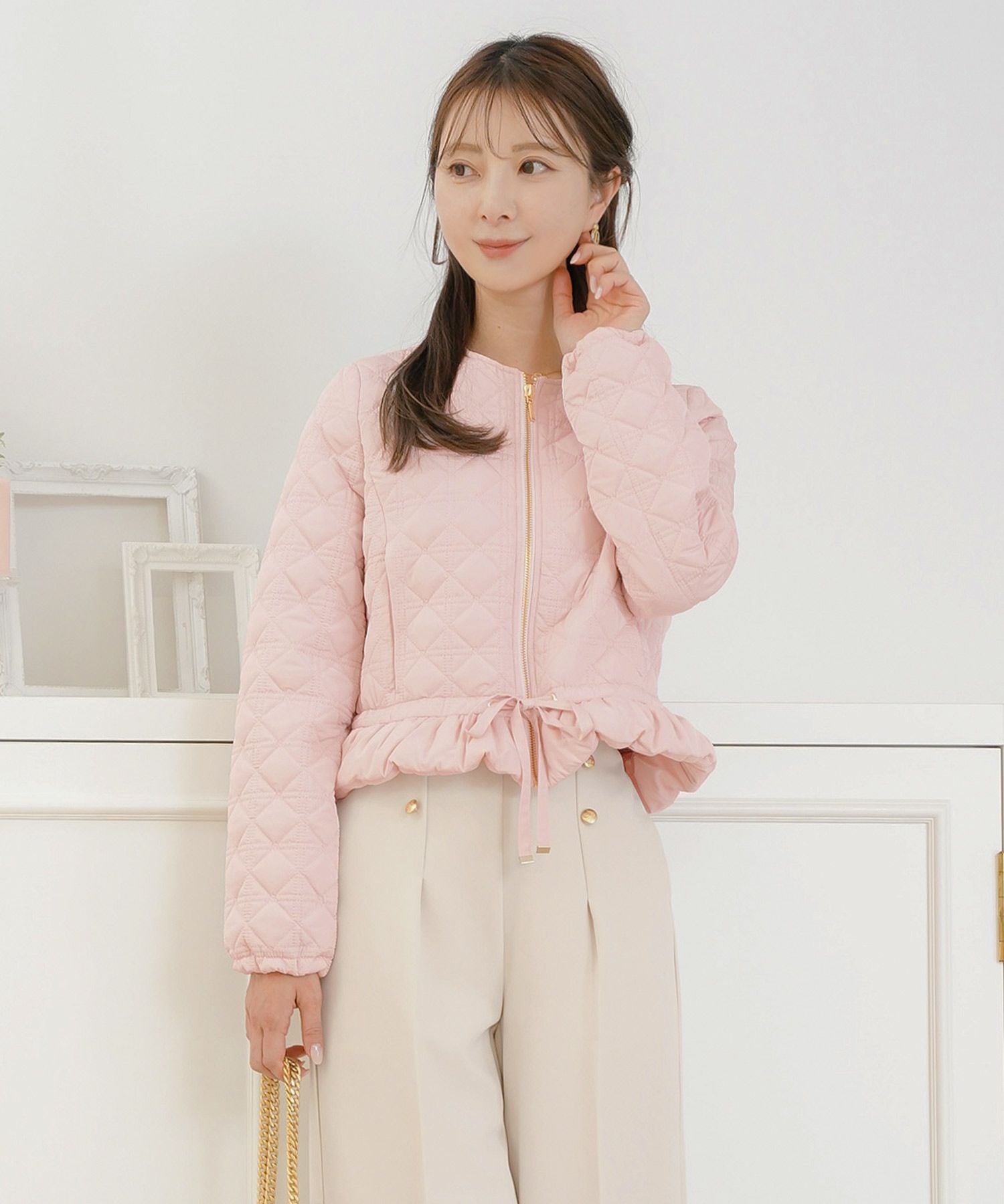 SPRING-SALE 2WAY ショート丈 キルティング ノーカラー中綿 ジャケット
