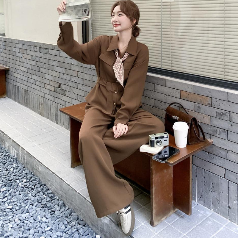 ウエストベルトシャツ×ワイドパンツセットアップ(2colors) (紺・茶) 秋