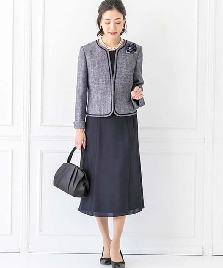 東京ソワール V開きツイードジャケット+2ピース風ワンピースセット 2点