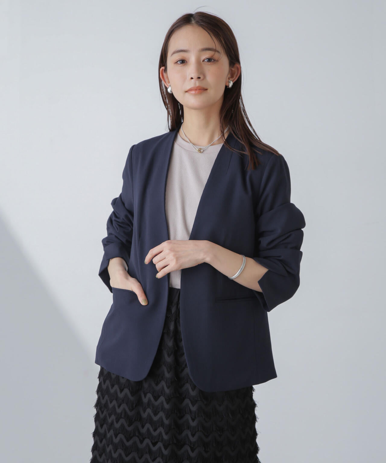 多機能 素材 ノーラペル ジャケット ( セットアップ 可 )