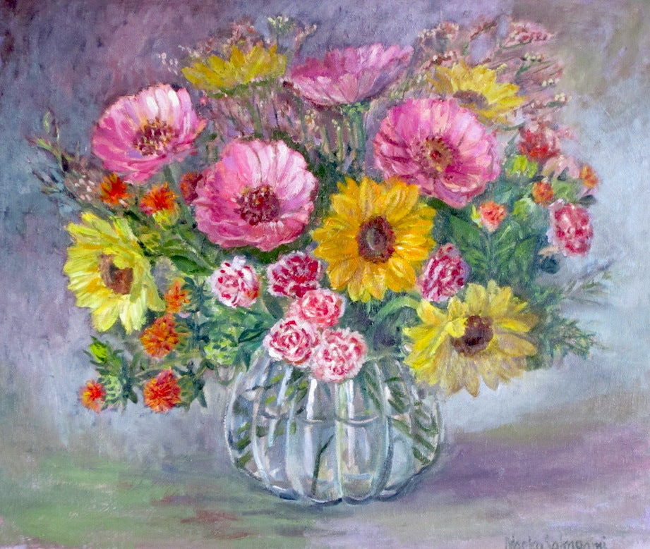 ジニア（百日草）とヒマワリ 油彩画 | 坂上尚子の油彩画ブログ