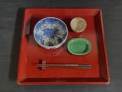 美品】「母」 讃岐彫 四方膳 5客 朱漆 讃岐膳 一枚板くり抜き （D