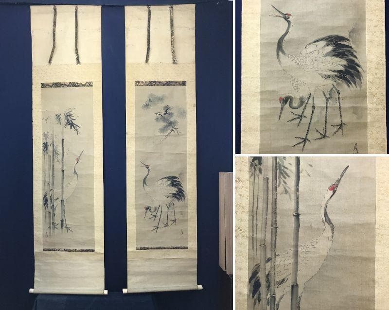 【真作】狩野周信/松竹に鶴図/双幅/松鶴図/江戸中期/掛軸/名家伝来AC-365