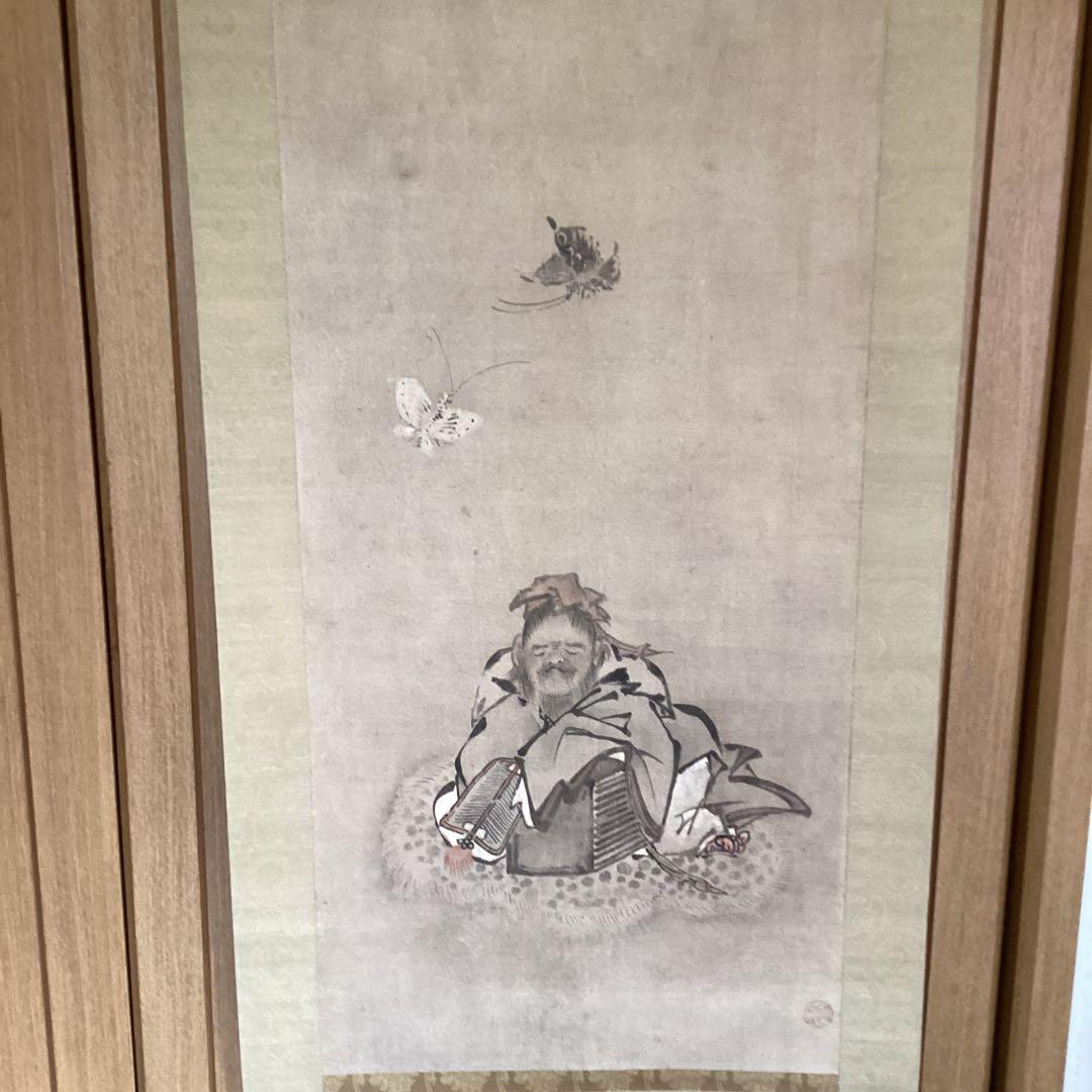 英　一蝶　　淡彩画　《　蝶に唐人図　掛軸一幅　》肉筆　鹿角　落款在　模写　237