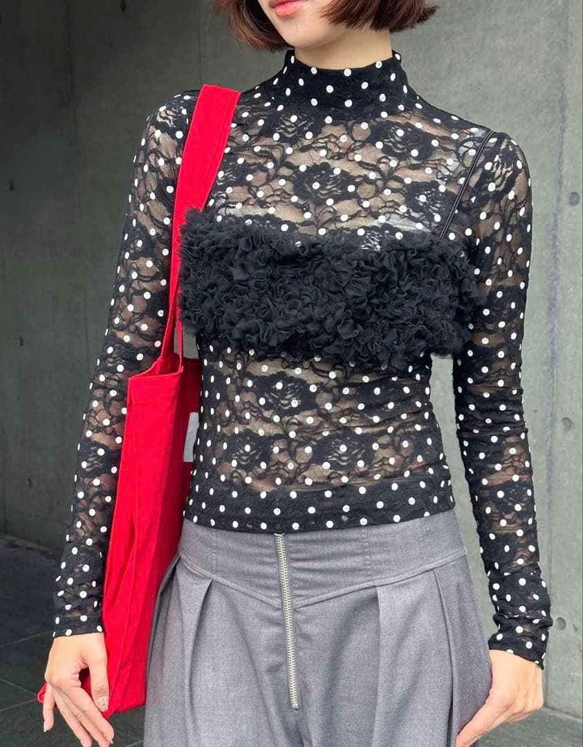 poppy あさぎーにょ ドットレース シースルートップス 黒