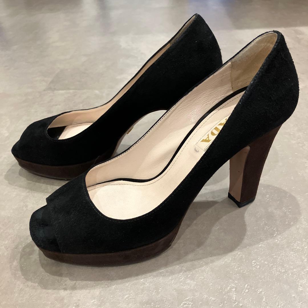 ＊期間限定値下げ＊PRADA プラダ 黒スエードオープントゥパンプス バイカラー