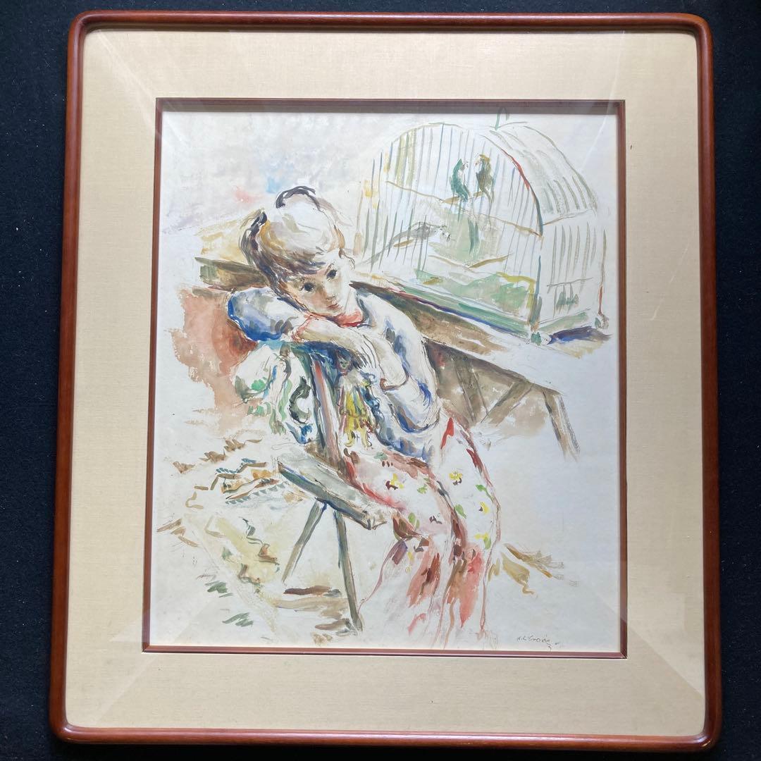 K.L.Crone￼「小鳥と少年」仮題　水彩画額￼約70×63絵￼62×46cm