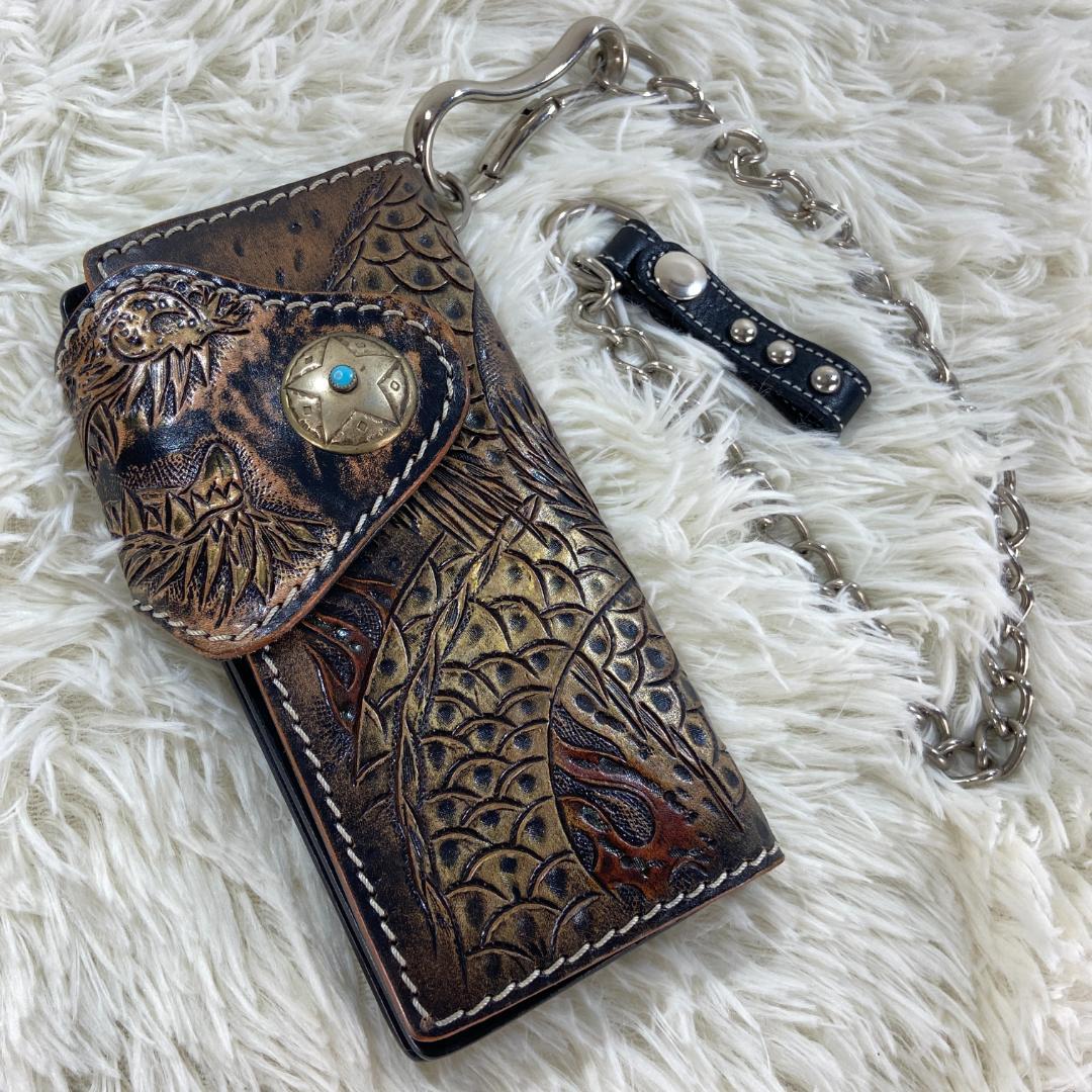 バイカーズウォレット　 レザー　長財布　本革　カーヴィング　コンチョ　ターコイズ