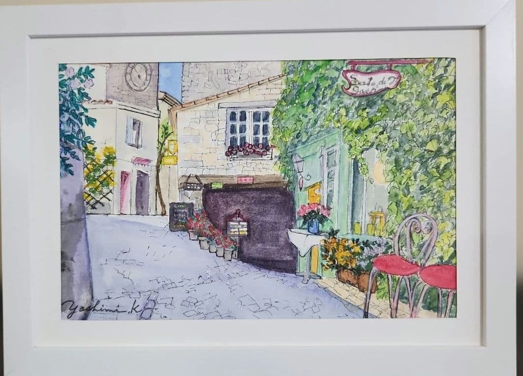 1707 南仏「春のカフェ」B5フレーム入り、水彩画、原画、風景画、絵画
