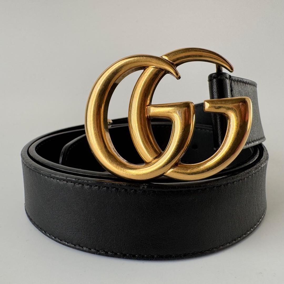 【美品】GUCCI　ベルト　黒　GGマーモント　ゴールド　レザー　ロゴバックル