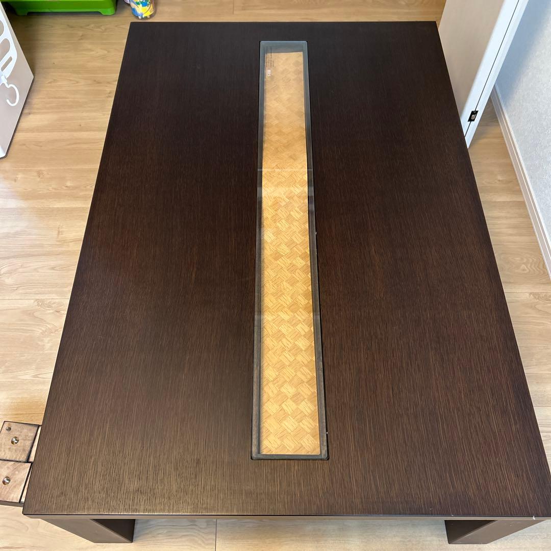 木製こたつ ダークブラウン 中央ガラススリット付き