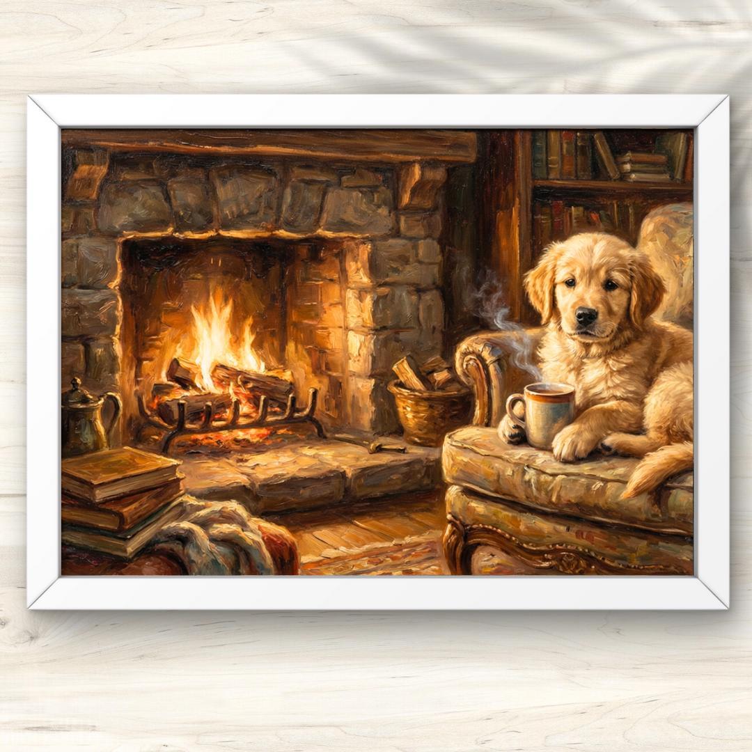 A4 暖炉の灯りとくつろぐ子犬の午後 油絵風アート ウォールアート 油彩