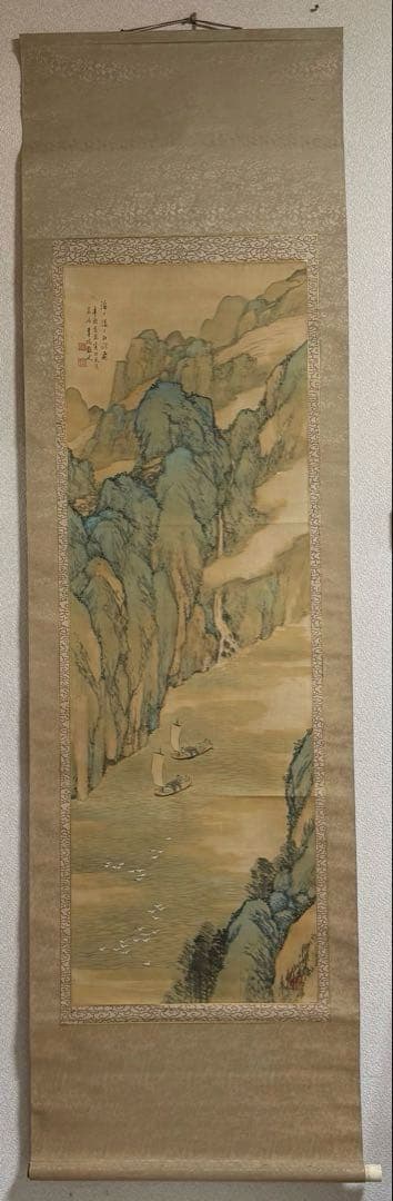 幸嶋散人　絹本肉筆　青緑山水　掛軸　送料込み250618