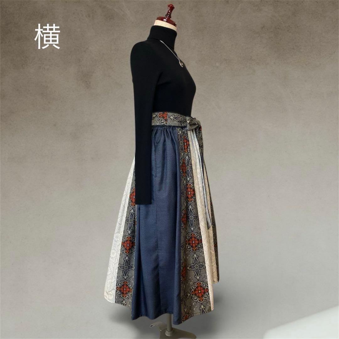 007❇︎大島紬14枚ギャザーたっぷり スカート 腰リボン両脇ポケット付